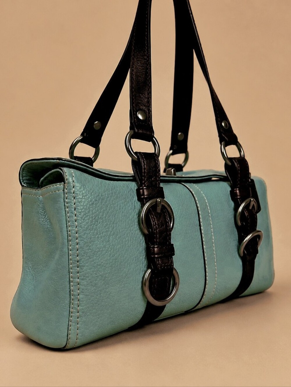 COACH Vtg Leather CHELSEA Barrel Bag In Blue Leather w/Dark Brown Trim - Picture 3 of 6